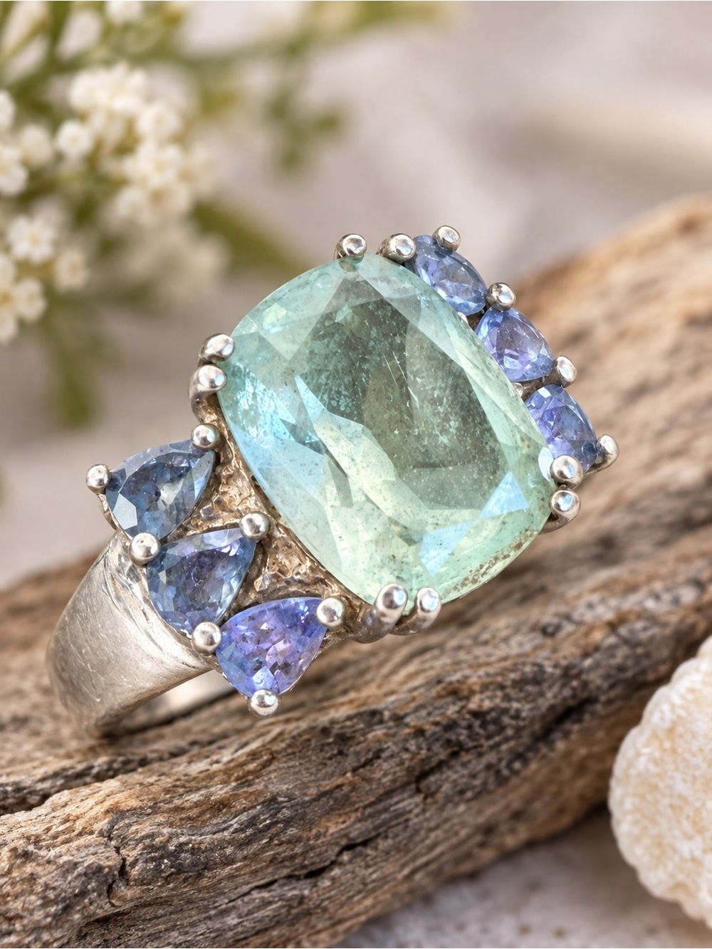 Genuine tourmaline and amethyst 925 sterling cocktail ring